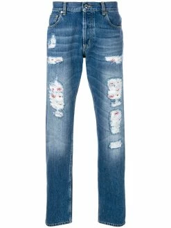 Alexander McQueen distressed folk embroidery jeans
