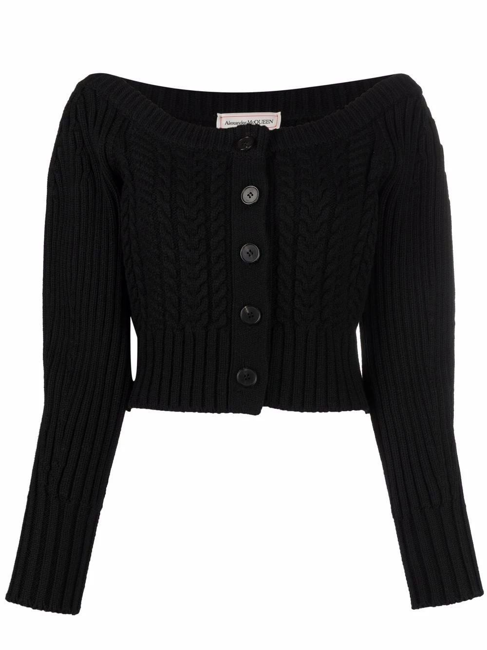 Alexander McQueen Off shoulder knit cardigan 1 Alexander McQueen off-shoulder knit cardigan